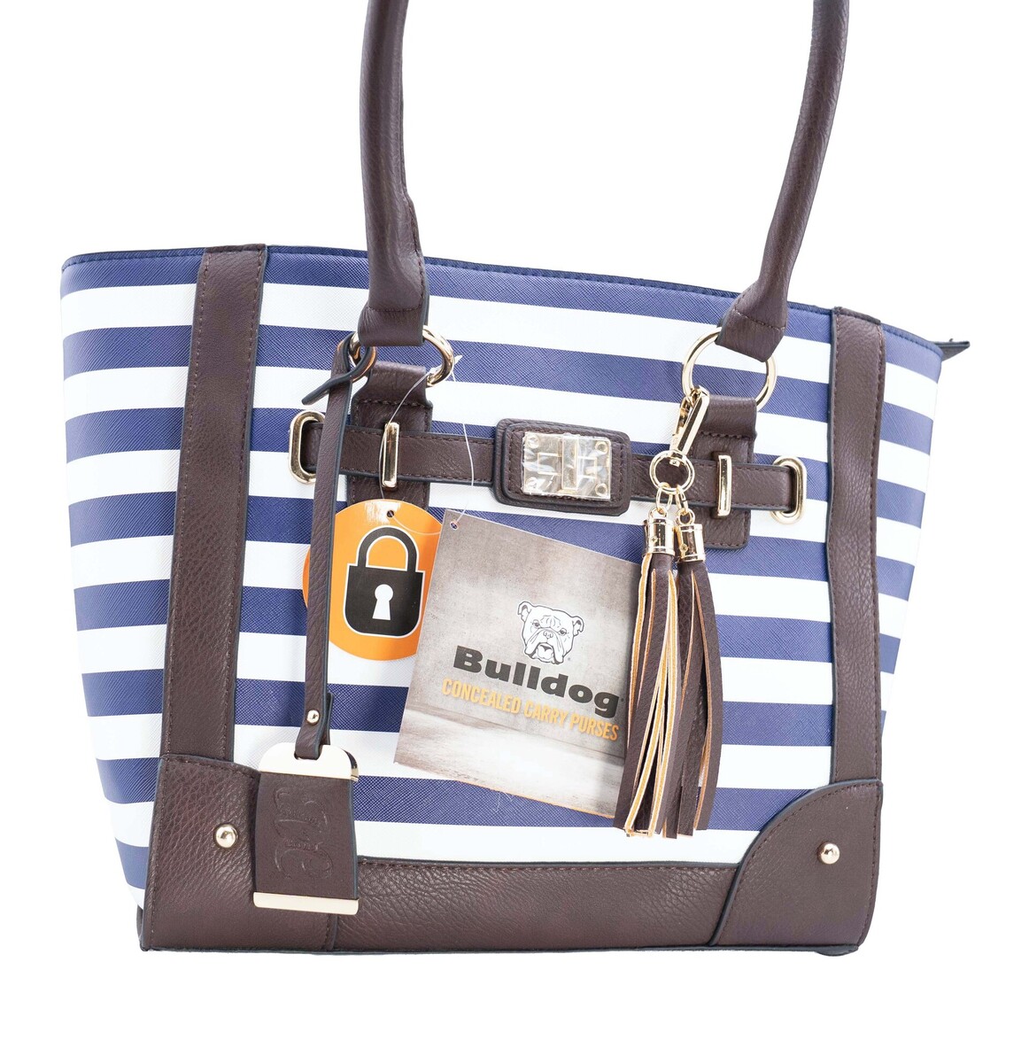 Bulldog Cases PU Leather Tote Style Concealed Carry Purse with Holster — Navy Stripe Bulldog Cases PU Leather Tote Style Concealed Carry Purse with Holster — Navy Stripe