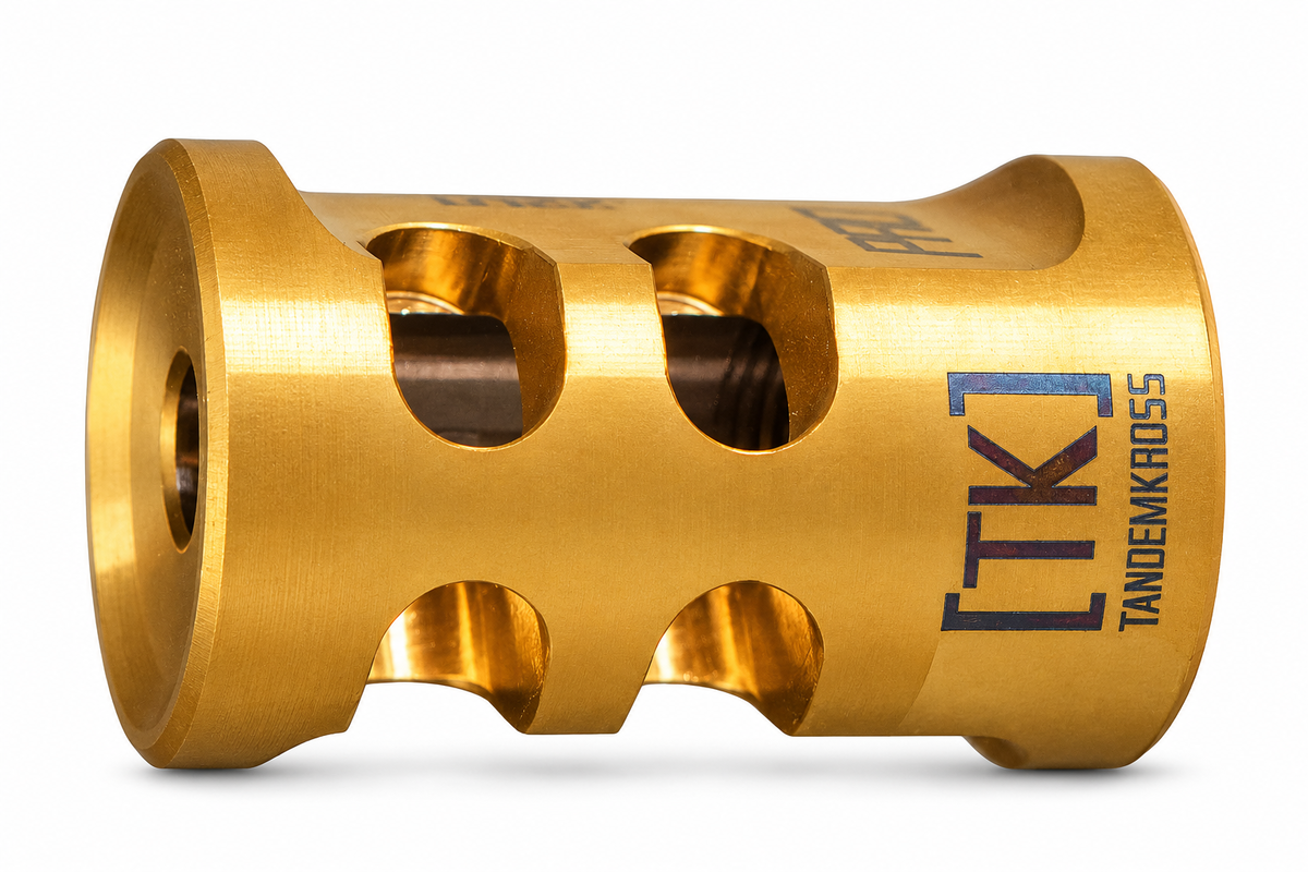 TANDEMKROSS Game Changer PRO .22LR Compensator - 1/2x28, Stainless Steel | Gold Easy-Clean Coating TANDEMKROSS Game Changer PRO .22LR Compensator - 1/2x28, Stainless Steel | Gold Easy-Clean Coating