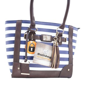 Bulldog Cases PU Leather Tote Style Concealed Carry Purse with Holster — Navy Stripe Bulldog Cases PU Leather Tote Style Concealed Carry Purse with Holster — Navy Stripe